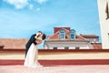 First wedding dance.wedding couple dances on the roof. Wedding day. Happy young bride and groom on their wedding day. Royalty Free Stock Photo