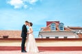 First wedding dance.wedding couple dances on the roof. Wedding day. Happy young bride and groom on their wedding day. Royalty Free Stock Photo