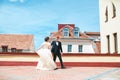 First wedding dance.wedding couple dances on the roof. Wedding day. Happy young bride and groom on their wedding day. Royalty Free Stock Photo