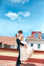 First wedding dance.wedding couple dances on the roof. Wedding day. Happy young bride and groom on their wedding day. Royalty Free Stock Photo