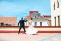 First wedding dance.wedding couple dances on the roof. Wedding day. Happy young bride and groom on their wedding day. Royalty Free Stock Photo