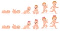 First year baby timeline. Baby boy and girl first year development from newborn to toddler vector illustration. Cute