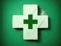 A firstaid symbol of a white cross on a green background. AI generation