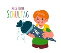 A firstgrader boy holding a school cone,schultuete.Text in German-my first day of school.Enrolment,german tradition.