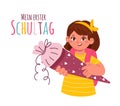 A firstgrader girl holding a school cone,schultuete.Text in German-my first day of school.Enrolment,german tradition.