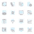 Fiscal oversight linear icons set. Budgeting, Auditing, Accounting, Tracking, My management, Profitability, Transparency