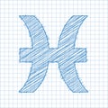 Pisces, 20 February - 20 March. HOROSCOPE SIGNS OF THE ZODIAC - Ballpen blue Scribble on a checkered paper background