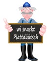 Smiling sailor holding a sign with the north german text Wi snackt PlattdÃÂ¼ÃÂ¼tsch, isolated on white background Royalty Free Stock Photo