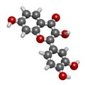 Fisetin plant polyphenol molecule. 3D rendering. Atoms are represented as spheres with conventional color coding: hydrogen white