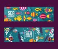 Fish, abstract colorful sea creatures, vector illustration. Banners for pet shop or zoo website. Decorative aquarium Royalty Free Stock Photo