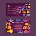 Fish, abstract colorful sea creatures, vector illustration. Business card design for pet shop with decorative aquarium Royalty Free Stock Photo