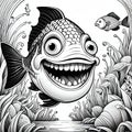 Fish approaching funny smiling face comical scene