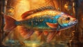 fish in the aquarium a steampunk A colorful scene of a steampunk redfish, with jewels, crystals, and lights, swimming Royalty Free Stock Photo