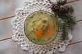 Fish aspic in portioned transant bowl, top view