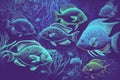 Fish background in blue neon colors. Shoal of fish. Generative AI