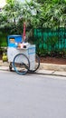 Fish ball traditional street food merchant use simple wheelbarrel cart waiting for customer