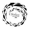 Fish banner spiral design. Black circle school of fish. Circle logo template.