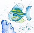 Fish with blue coral - watercolor painted illustration