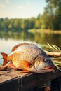 Fish on a board near the lake catch. Selective focus. Royalty Free Stock Photo