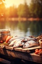 Fish on a board near the lake catch. Selective focus. Royalty Free Stock Photo