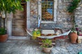 Fish boat as a decoration in front of cafe in greek village, Crete, Greece.