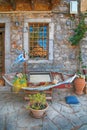 Fish boat as a decoration in front of cafe in greek village, Crete, Greece.