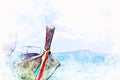 Fish boat in ocean and mountain range on watercolor illustration painting background.