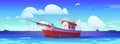 Fish boat in sea, commercial ship in ocean vector