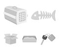 Fish bone, container for an animal, cat`s toilet, cat in a box. Cat set collection icons in monochrome style vector Royalty Free Stock Photo