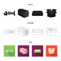 Fish bone, container for an animal, cat toilet, cat in a box. Cat set collection icons in black,flat,outline style Royalty Free Stock Photo