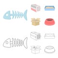 Fish bone, container for an animal, cat toilet, cat in a box. Cat set collection icons in cartoon,outline style vector Royalty Free Stock Photo