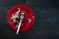 Fish bones on a single red plate. Wooden table background. Top down flat photo