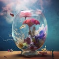 A fish bowl filled with water and flowers. Generative AI image. Royalty Free Stock Photo