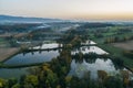 Fish breeding ponds, fish pond in Bielsko Biala, Beskid Mountains Poland Aerial drone