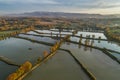 Fish breeding ponds, fish pond in Bielsko Biala, Beskid Mountains Poland Aerial drone