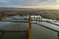 Fish breeding ponds, fish pond in Bielsko Biala, Beskid Mountains Poland Aerial drone