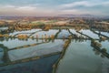 Fish breeding ponds, fish pond in Bielsko Biala, Beskid Mountains Poland Aerial drone