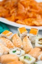 Fish buffet: Selection of sushi in front of a plate with salmon