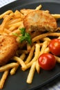 Fish Burger with fried chips on a pan Royalty Free Stock Photo