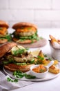 Fish burger with herb and corgette sauce Royalty Free Stock Photo