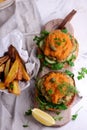 Fish burger with herb and corgette sauce Royalty Free Stock Photo