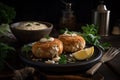 fish cakes with white sauce with herbs and lemon on a black plate. Rustic Style