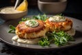 fish cakes with white sauce with herbs and lemon on a black plate. Rustic Style