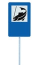 Fish camp sign, isolated roadisde signpost pole post, fishing area place pointer traffic signage in blue white, blank copy space Royalty Free Stock Photo