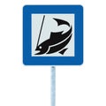 Fish camp sign, isolated roadisde signpost pole post, fishing area place pointer traffic signage in blue white closeup Royalty Free Stock Photo