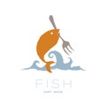 Fish carry fork on wave, logo icon set brush design orange color illustration