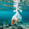 Fish caught in a plastic bag, disaster for wildlife animals, pollution of the environment and ecosystem, trash in the ocean