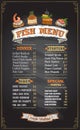 Fish chalk menu board vector mockup with dinner, starters, sides and special menu