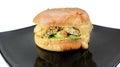 Fish cheese burger with the cheese sauce and aioli Royalty Free Stock Photo