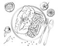 Fish and chip lemon on plate english dish original culinary hand drawn sketches white isolation background Royalty Free Stock Photo
